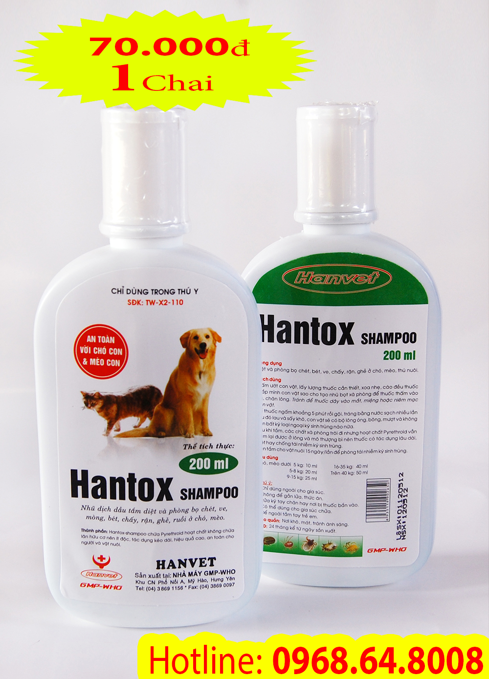 Hantox Shampoo (200ml) - Chai nhũ bạc ( SX tại VIỆT NAM) - Sữa tắm diệt côn trùng, ve rận, bọ chét cho chó mèo...
