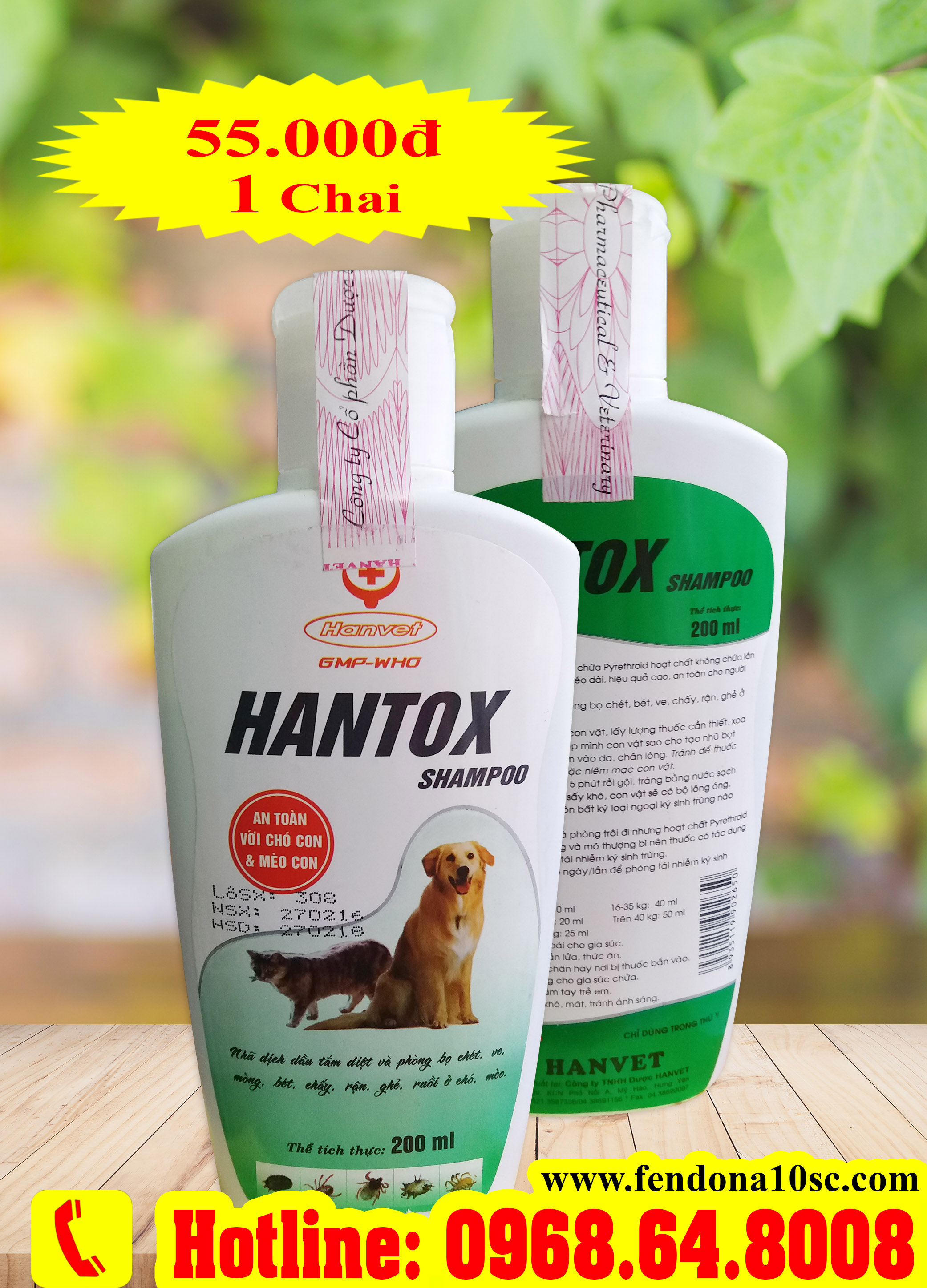 Hantox Shampoo (200ml) - Chai xanh( SX tại VIỆT NAM) - Sữa tắm diệt côn trùng, ve rận, bọ chét cho chó mèo...