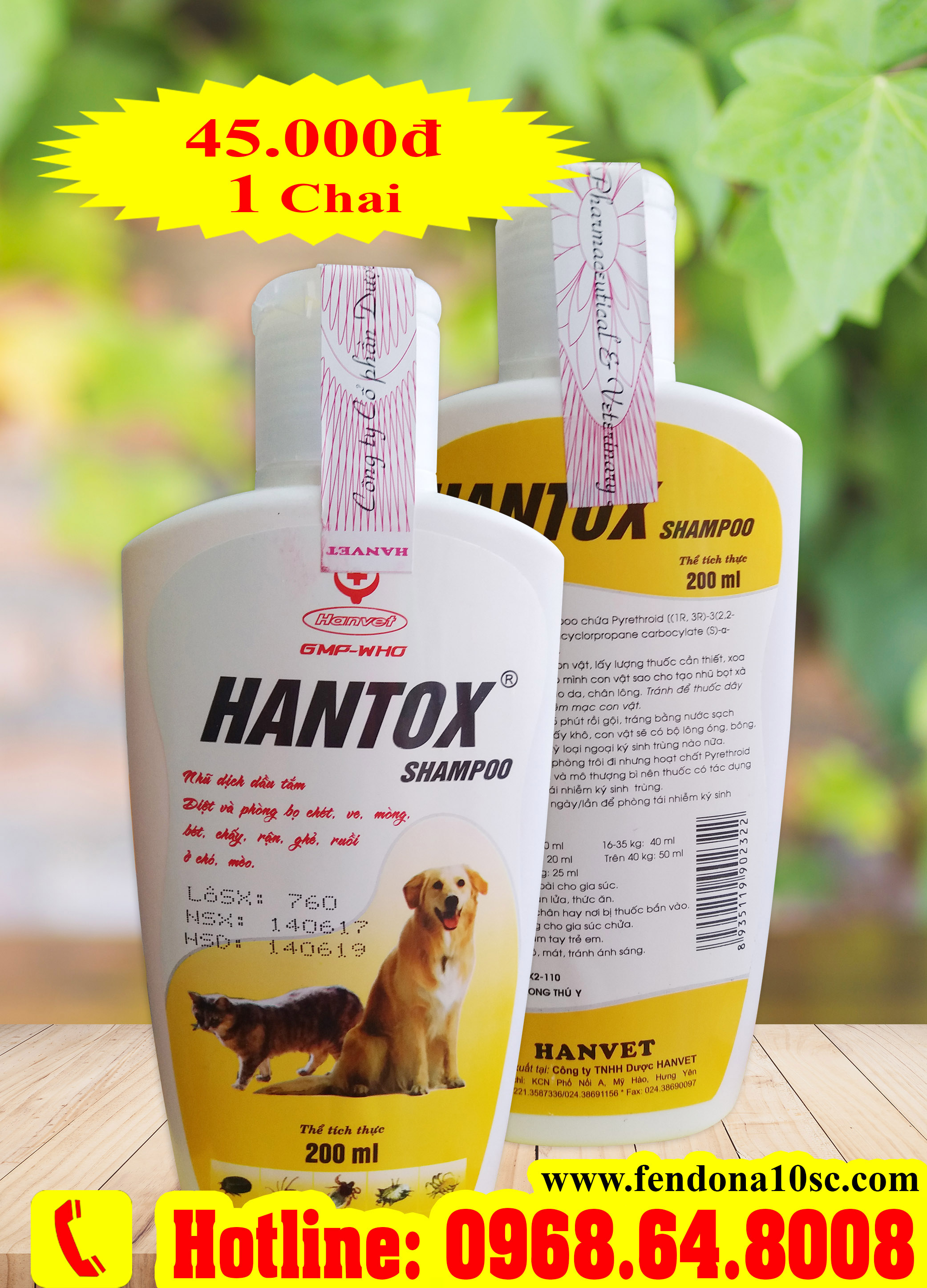 Hantox Shampoo (200ml) - Chai Vàng ( SX tại VIỆT NAM) - Sữa tắm diệt côn trùng, ve rận, bọ chét cho chó mèo...