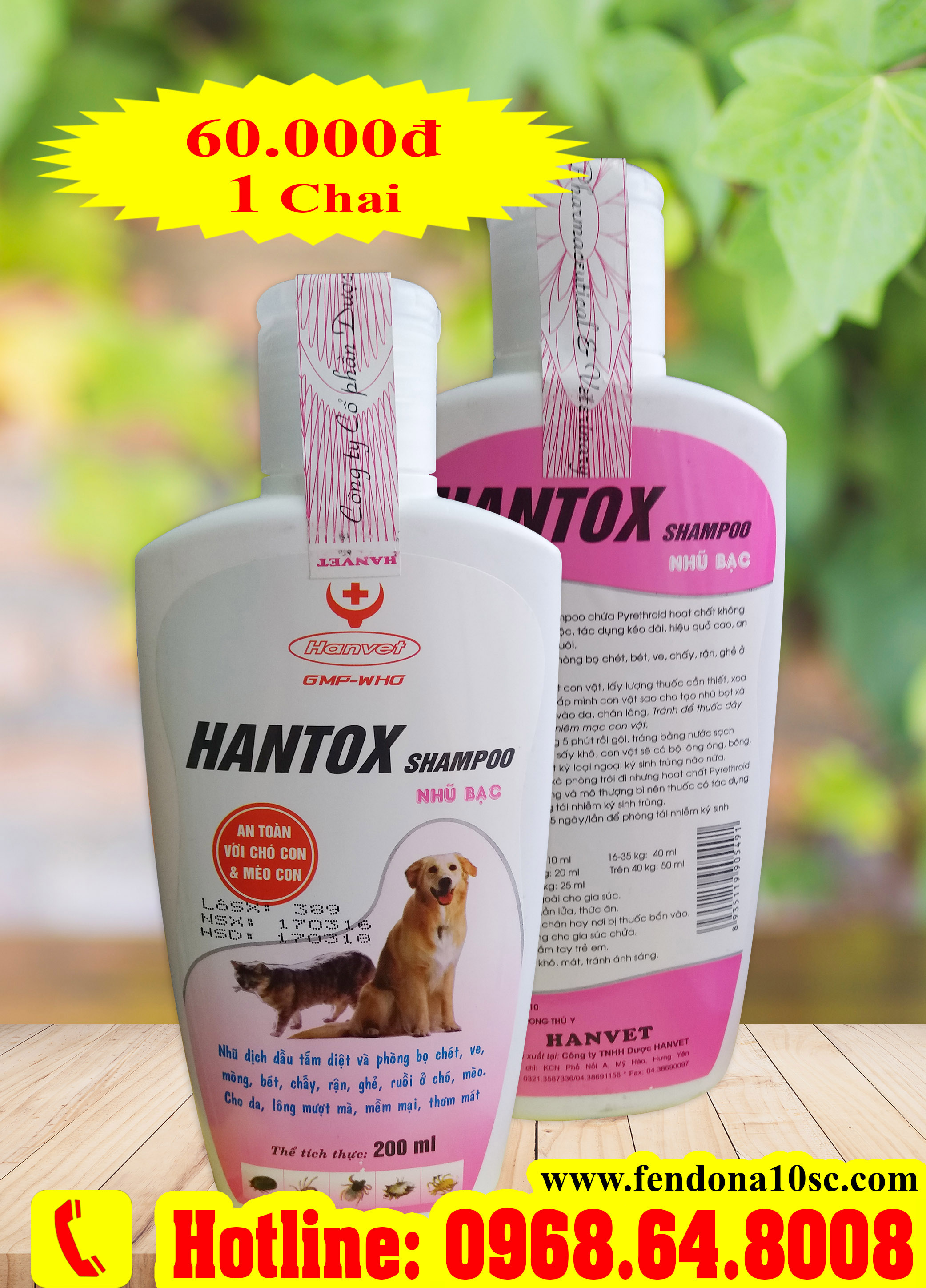 Hantox Shampoo (200ml) - Chai Hồng ( SX tại VIỆT NAM) - Sữa tắm diệt côn trùng, ve rận, bọ chét cho chó mèo...
