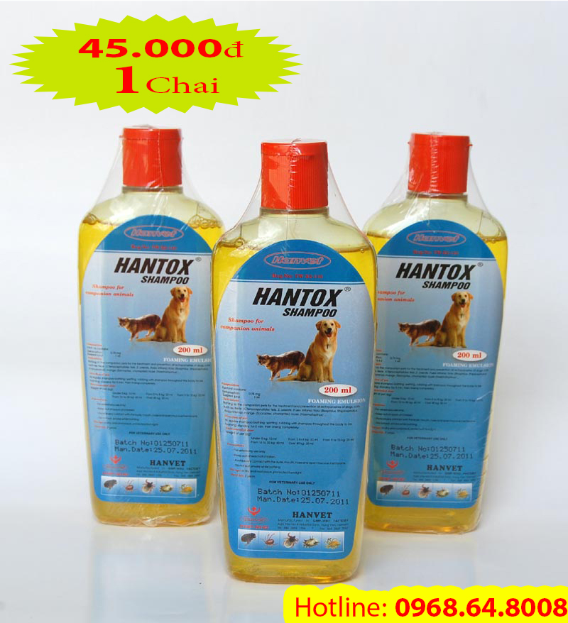 Hantox- SHAMPOO (200ml) - (SX tại VIỆT NAM) - Thuốc tắm trị bọ chét, bét, ve, chấy, rận...cho Chó Mèo